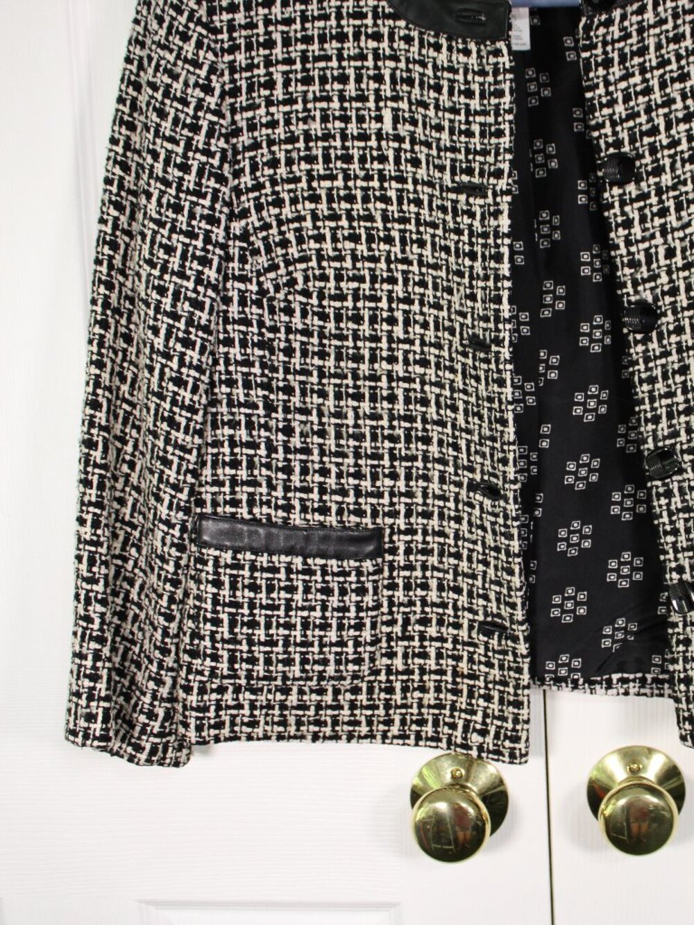 Pendleton 100% Silk Black and White Textured Tweed Jacket w/Leather Trim Blazer - Picture 3 of 16